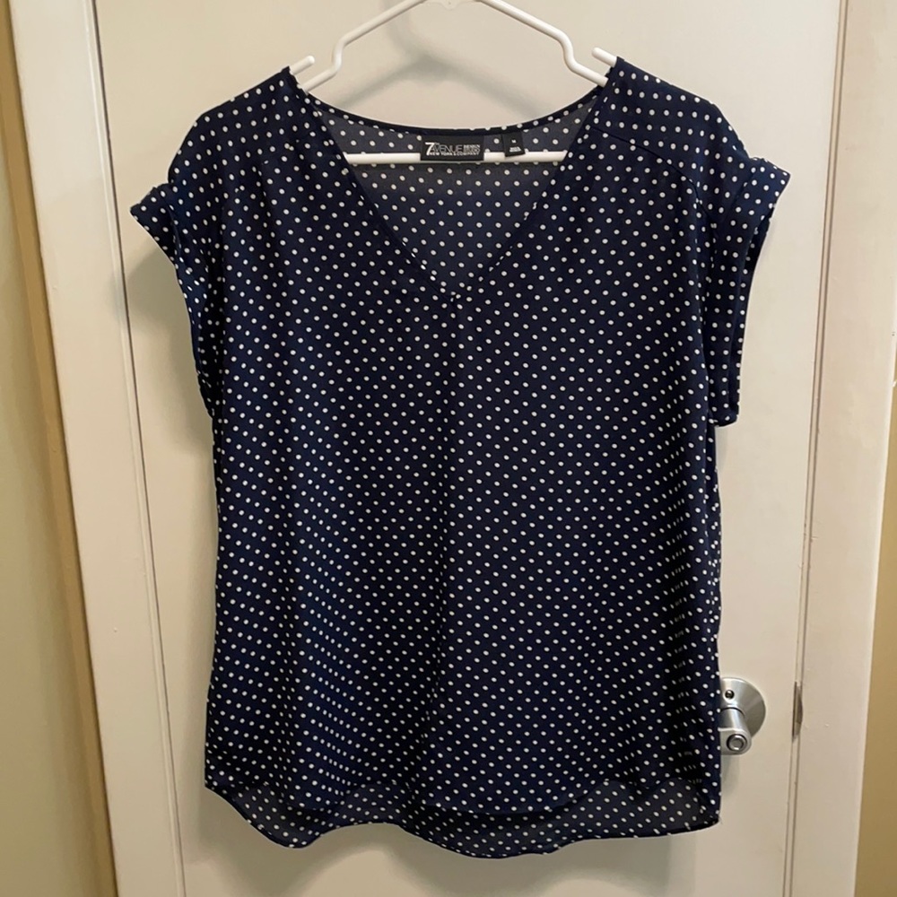 New York & Company Navy Polka Dot Blouse